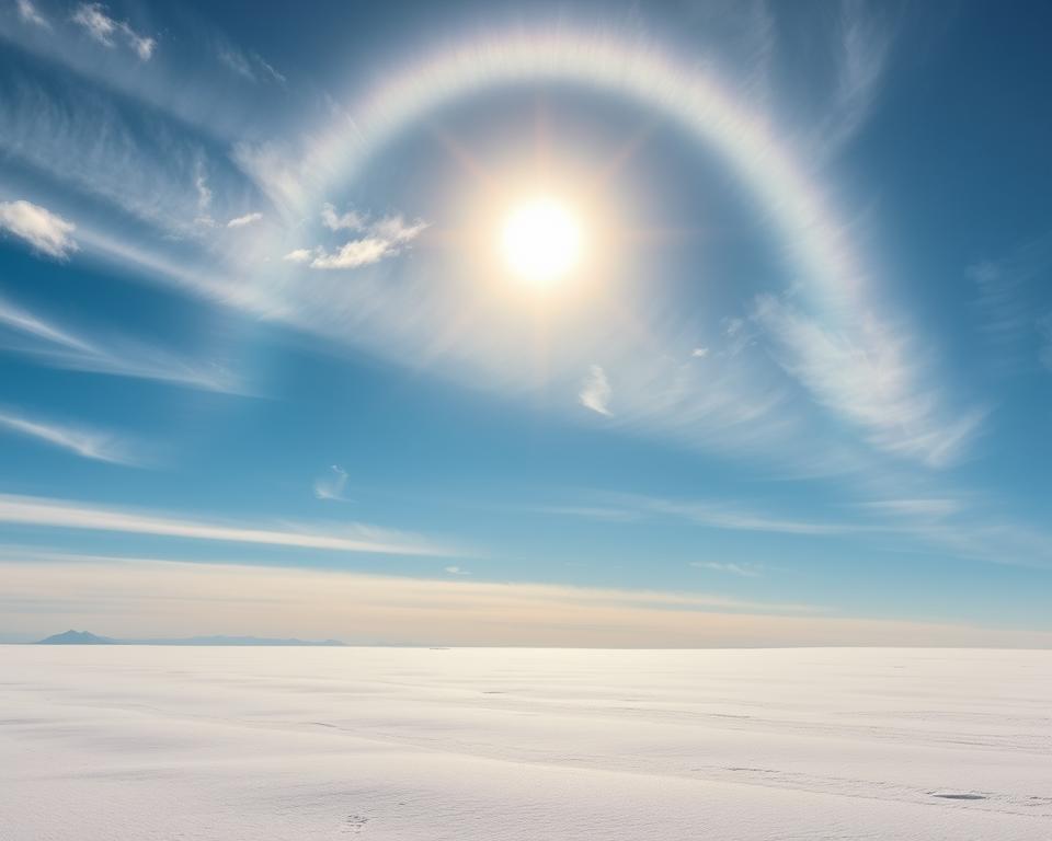 Halo solar: como cristais de gelo criam círculos luminosos