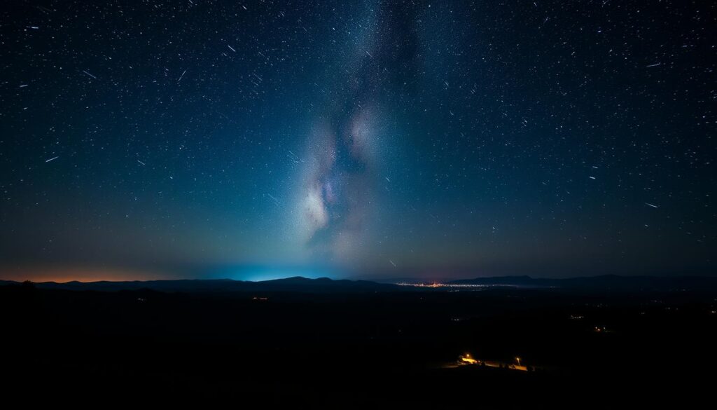 A breathtaking night sky over the vast Brazilian landscape, with a dazzling celestial display of meteor showers streaking across the inky darkness. Vibrant colors and trails of light dance across the horizon, as the Milky Way galaxy shimmers in the background, its ethereal glow casting an otherworldly ambiance. The foreground features a serene, rolling countryside dotted with silhouetted trees and the occasional farmhouse or small village, their warm lights adding a touch of earthly enchantment to the scene. The composition is balanced, with a sense of depth and scale that captures the grandeur of this natural phenomenon. Crisp, high-resolution details and a subtle, cinematic lighting style create a captivating, immersive atmosphere that truly does justice to the beauty of the "Chuvas de Meteoros Brasil 2025".