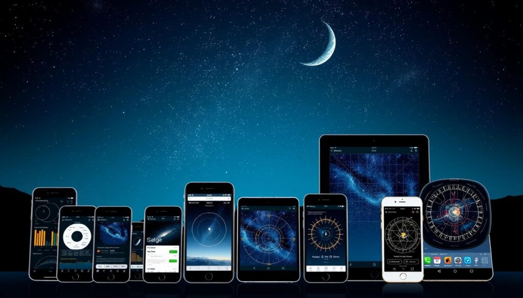 A detailed, highly realistic illustration of a collection of astronomy apps displayed on various mobile devices, showcasing their functionality for predicting celestial phenomena. The foreground features a selection of smartphones and tablets arranged elegantly, each displaying a different app interface with charts, graphs, and detailed star maps. The middle ground depicts a night sky filled with twinkling stars, galaxies, and a crescent moon, creating a sense of the celestial wonders these apps can help users explore. The background features a subtle, atmospheric gradient transitioning from a dusky blue to a deep, starry black, lending a sense of depth and drama to the scene. The overall composition conveys the power and precision of these astronomy apps in enabling users to predict and plan for rare celestial events. A detailed, highly realistic illustration of a collection of astronomy apps displayed on various mobile devices, showcasing their functionality for predicting celestial phenomena. The foreground features a selection of smartphones and tablets arranged elegantly, each displaying a different app interface with charts, graphs, and detailed star maps. The middle ground depicts a night sky filled with twinkling stars, galaxies, and a crescent moon, creating a sense of the celestial wonders these apps can help users explore. The background features a subtle, atmospheric gradient transitioning from a dusky blue to a deep, starry black, lending a sense of depth and drama to the scene. The overall composition conveys the power and precision of these astronomy apps in enabling users to predict and plan for rare celestial events.