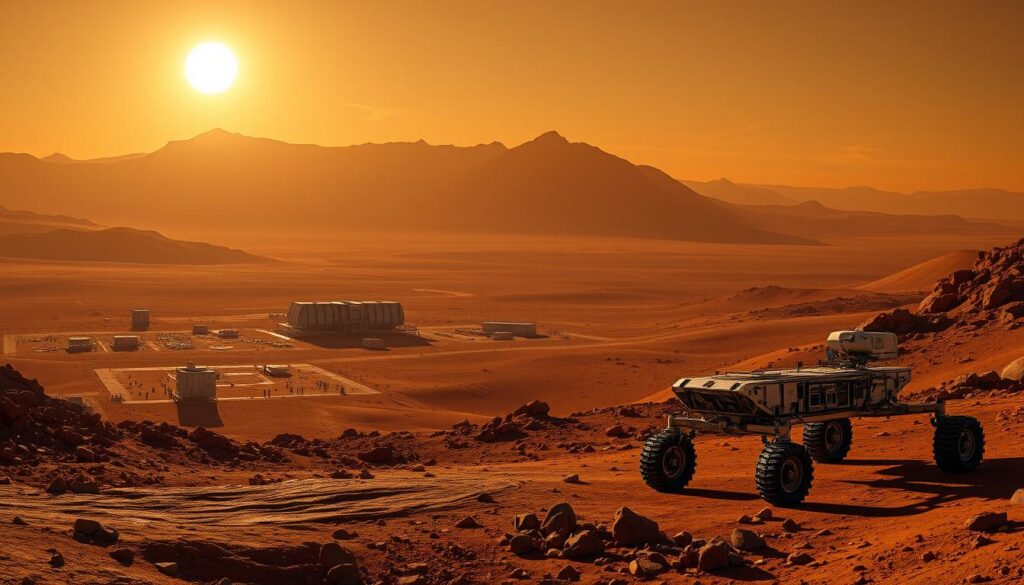 A detailed panoramic vista of the Martian landscape, bathed in the warm glow of the distant sun. In the foreground, a bustling robotic exploration rover navigates the rugged terrain, its sleek metallic frame and multi-limbed appendages suggesting a sense of purpose and scientific inquiry. In the middle ground, a cluster of modular habitats and research stations emerge, their angular forms casting long shadows across the ochre-hued surface. In the background, the towering silhouettes of Olympus Mons and other Martian mountains rise majestically, their peaks obscured by wispy strands of reddish-orange atmosphere. The scene conveys a sense of human ingenuity and exploration, as well as the grandeur and mystery of the Red Planet.
