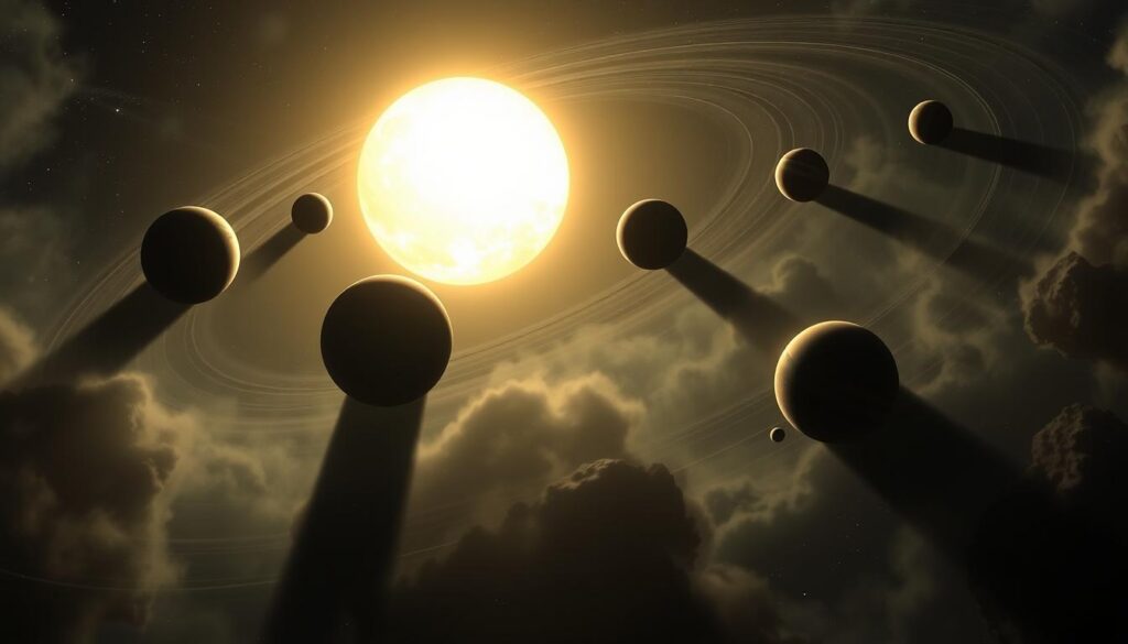 A detailed, scientifically accurate illustration of the 2006 IAU redefinition of planets in the Solar System. A dramatic celestial vista with the Sun in the background, eight planetary bodies in orbit, and a hazy, misty atmosphere suggesting the mysterious nature of these worlds. Crisp, high-resolution rendering with intricate details, muted tones, and a sense of grandeur and scale. Conveys the profound impact this taxonomic shift had on our understanding of the cosmos.
