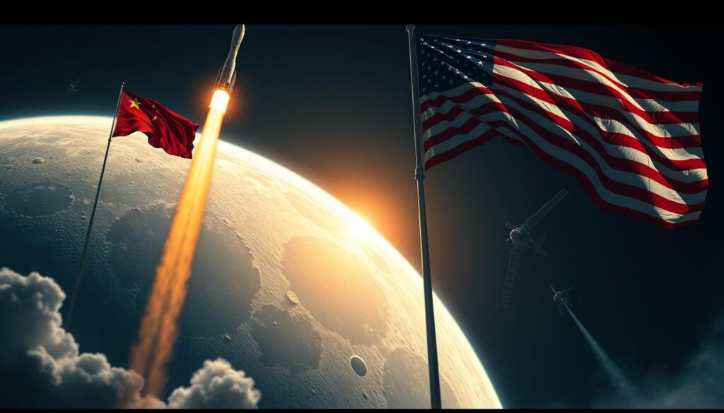 A dramatic space race between China and the USA, with towering rockets and powerful spacecraft soaring against a backdrop of a glowing lunar surface. The two nations' flags flutter proudly, symbolizing their fierce competition for lunar supremacy. Harsh shadows and dramatic lighting lend an air of intensity, as the two superpowers vie for technological dominance and geopolitical influence. The scene conveys the high stakes and global implications of this new space race, with the Moon as the coveted prize. A dramatic space race between China and the USA, with towering rockets and powerful spacecraft soaring against a backdrop of a glowing lunar surface. The two nations' flags flutter proudly, symbolizing their fierce competition for lunar supremacy. Harsh shadows and dramatic lighting lend an air of intensity, as the two superpowers vie for technological dominance and geopolitical influence. The scene conveys the high stakes and global implications of this new space race, with the Moon as the coveted prize.