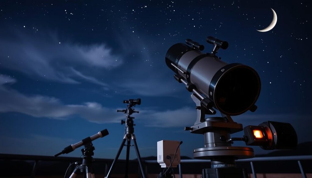 A high-quality professional observatory telescope setup for advanced astrophotography. In the foreground, a large reflector telescope with a wide aperture and precision optics sits on a sturdy, computer-controlled equatorial mount. The middle ground features various accessories like a CCD camera, filter wheels, and guiding telescopes, all connected to the main system. The background shows a starry night sky, with wispy clouds and a crescent moon casting a soft, atmospheric glow. The lighting is balanced, with the telescope's illumination subtly highlighting the intricate mechanical details. The overall scene conveys a sense of scientific exploration and technical mastery, ideal for illustrating a guide on advanced astronomical imaging equipment. A high-quality professional observatory telescope setup for advanced astrophotography. In the foreground, a large reflector telescope with a wide aperture and precision optics sits on a sturdy, computer-controlled equatorial mount. The middle ground features various accessories like a CCD camera, filter wheels, and guiding telescopes, all connected to the main system. The background shows a starry night sky, with wispy clouds and a crescent moon casting a soft, atmospheric glow. The lighting is balanced, with the telescope's illumination subtly highlighting the intricate mechanical details. The overall scene conveys a sense of scientific exploration and technical mastery, ideal for illustrating a guide on advanced astronomical imaging equipment.