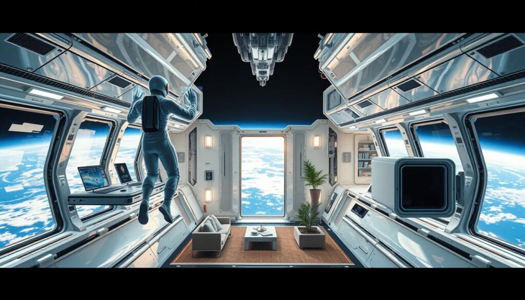 A sleek, modern orbital station with gleaming silver and white panels, its modular design optimized for human comfort and functionality in microgravity. Large windows afford sweeping views of the Earth below, while carefully positioned lighting and ergonomic workstations create a soothing, productive environment. In the foreground, a human figure in a skintight spacesuit floats effortlessly, interacting with intuitive holographic displays. The middle ground features a cozy, well-appointed living module with plush seating and greenery, while the background showcases the station's sophisticated life support systems and docking bays. The overall impression is one of seamless integration between technology and human needs, a vision of the future of orbital habitats designed with the astronaut in mind. A sleek, modern orbital station with gleaming silver and white panels, its modular design optimized for human comfort and functionality in microgravity. Large windows afford sweeping views of the Earth below, while carefully positioned lighting and ergonomic workstations create a soothing, productive environment. In the foreground, a human figure in a skintight spacesuit floats effortlessly, interacting with intuitive holographic displays. The middle ground features a cozy, well-appointed living module with plush seating and greenery, while the background showcases the station's sophisticated life support systems and docking bays. The overall impression is one of seamless integration between technology and human needs, a vision of the future of orbital habitats designed with the astronaut in mind.