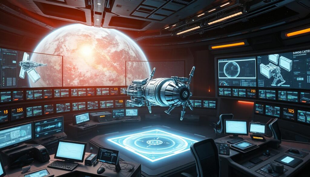 A sprawling command center with a vast array of futuristic holographic displays, illuminated consoles, and a central holographic projection showcasing a 3D model of a complex robotic spacecraft undertaking an interplanetary exploration mission. Technicians in sleek uniforms monitor the craft's telemetry, adjusting its trajectory and systems as it navigates the vast, star-studded expanse of deep space. The atmosphere is one of focused intensity, the hum of advanced technology permeating the air as humanity pushes the boundaries of scientific discovery through the combined power of robotics and artificial intelligence.