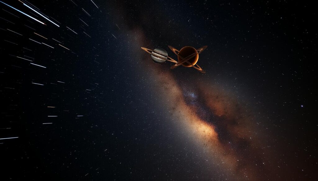 A stunning night sky filled with a celestial display of astronomical events. In the foreground, a breathtaking meteor shower streaks across the inky blackness, trails of light cutting through the darkness. In the middle ground, a magnificent conjunction of planets - Jupiter, Saturn, and Mars - dance in a mesmerizing ballet, their vibrant colors and intricate movements captivating the viewer. The background is a deep, expansive cosmos, dotted with twinkling stars and the ethereal glow of the Milky Way, creating a sense of cosmic wonder and awe. The scene is illuminated by a soft, warm glow, casting a magical ambiance over the entire composition. Captured through a wide-angle lens, the image conveys the grandeur and scale of these celestial events, inviting the viewer to experience the profound beauty and majesty of the night sky.