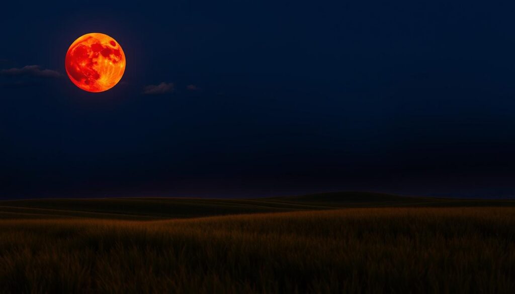 A total lunar eclipse over a serene, moonlit landscape. The full, blood-red Moon hangs low in a clear, indigo sky, partially obscured by wispy clouds. In the foreground, a vast, rolling field of lush, verdant grass gently sways in a soft breeze, creating a tranquil, ethereal atmosphere. Silhouetted against the horizon, the dark shapes of distant mountains lend a sense of depth and scale. The scene is bathed in a warm, amber glow, as if lit by a single, powerful spotlight from above. Crisp, high-contrast details and a cinematic, wide-angle composition capture the awe-inspiring wonder of this celestial event in all its natural splendor. A total lunar eclipse over a serene, moonlit landscape. The full, blood-red Moon hangs low in a clear, indigo sky, partially obscured by wispy clouds. In the foreground, a vast, rolling field of lush, verdant grass gently sways in a soft breeze, creating a tranquil, ethereal atmosphere. Silhouetted against the horizon, the dark shapes of distant mountains lend a sense of depth and scale. The scene is bathed in a warm, amber glow, as if lit by a single, powerful spotlight from above. Crisp, high-contrast details and a cinematic, wide-angle composition capture the awe-inspiring wonder of this celestial event in all its natural splendor.
