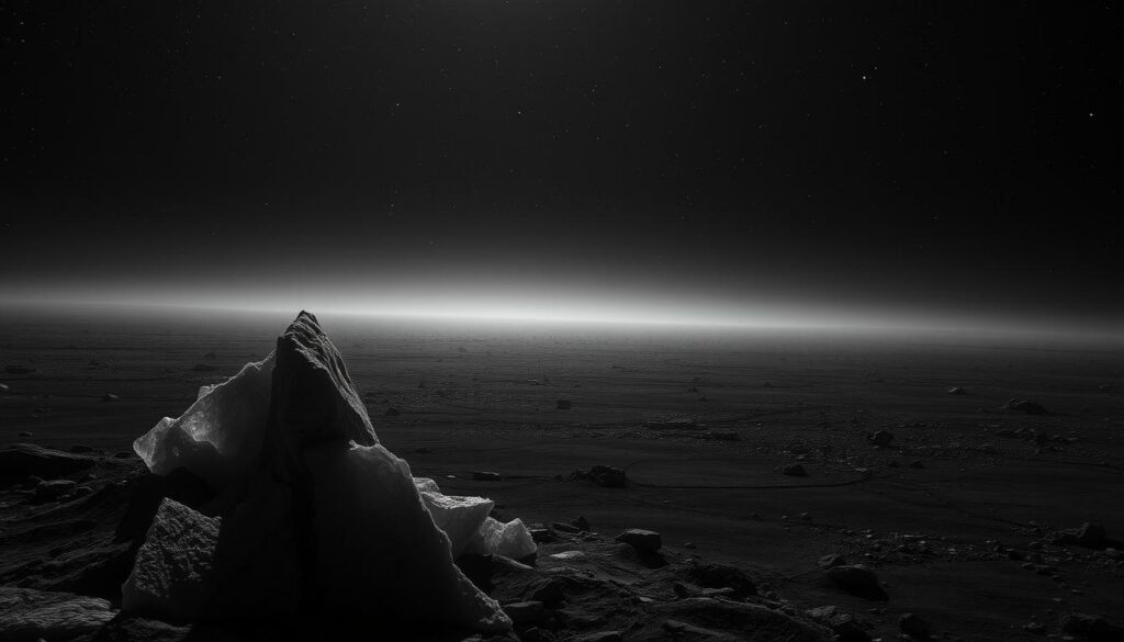 A vast, bleak expanse of cosmic darkness, illuminated only by the faint, dying glow of distant galaxies. In the foreground, an ominous, crystalline structure of frozen energy forms, its jagged edges casting long shadows across the void. The middle ground is a sea of dispersed, motionless particles, their movement arrested by the relentless chill of the Big Freeze. In the background, a hazy, indistinct horizon, where the last vestiges of matter and radiation are fading into oblivion, succumbing to the inevitable heat death of the universe. A haunting, melancholic scene, captured through the lens of a high-contrast, monochrome camera, conveying the bleak finality of the cosmos' ultimate fate.