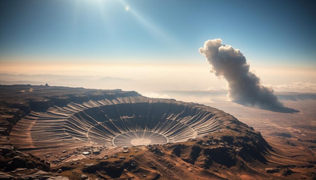A vast, cratered landscape dominates the scene, the remnants of a catastrophic asteroid impact that forever altered the course of Earth's history. The impact crater, a gaping chasm in the earth's surface, is surrounded by a halo of upturned rock and debris, frozen in time by the immense force of the collision. Sunlight filters through a hazy atmosphere, casting dramatic shadows and highlighting the rugged, pitted terrain. In the distance, the horizon is obscured by a towering plume of dust and debris, a lasting testament to the immense power of cosmic forces that have shaped our planet. The scene conveys a sense of awe and wonder, a reminder of the dynamic and ever-changing nature of our world. A vast, cratered landscape dominates the scene, the remnants of a catastrophic asteroid impact that forever altered the course of Earth's history. The impact crater, a gaping chasm in the earth's surface, is surrounded by a halo of upturned rock and debris, frozen in time by the immense force of the collision. Sunlight filters through a hazy atmosphere, casting dramatic shadows and highlighting the rugged, pitted terrain. In the distance, the horizon is obscured by a towering plume of dust and debris, a lasting testament to the immense power of cosmic forces that have shaped our planet. The scene conveys a sense of awe and wonder, a reminder of the dynamic and ever-changing nature of our world.