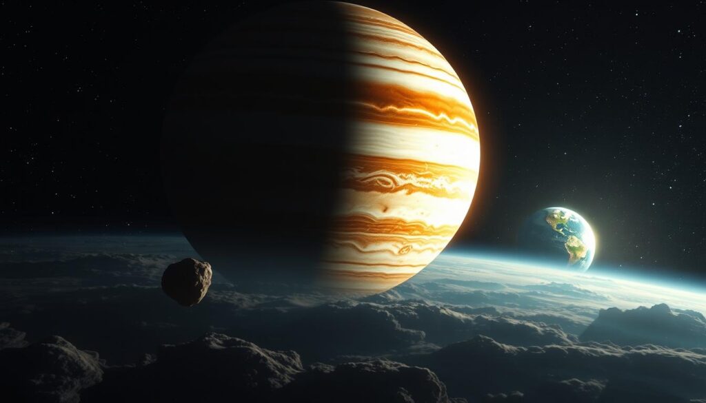 A vast expanse of space, where the immense planet Jupiter stands as a colossal guardian, its powerful gravitational pull deflecting a swarm of asteroids away from Earth's vulnerable path. In the foreground, a lone asteroid dances amidst a dazzling display of celestial light, its trajectory altered by Jupiter's commanding presence. The middle ground showcases the planet's majestic form, its vibrant colors and turbulent atmosphere hinting at the sheer might that governs the solar system. Shrouded in the distant background, the Earth appears as a delicate, blue-green orb, safe under the watchful eye of its celestial protector. This cinematic scene, captured with a wide-angle lens and dynamic lighting, conveys the awe-inspiring power of Jupiter's gravitational influence, a testament to its role as the true guardian of our world. A vast expanse of space, where the immense planet Jupiter stands as a colossal guardian, its powerful gravitational pull deflecting a swarm of asteroids away from Earth's vulnerable path. In the foreground, a lone asteroid dances amidst a dazzling display of celestial light, its trajectory altered by Jupiter's commanding presence. The middle ground showcases the planet's majestic form, its vibrant colors and turbulent atmosphere hinting at the sheer might that governs the solar system. Shrouded in the distant background, the Earth appears as a delicate, blue-green orb, safe under the watchful eye of its celestial protector. This cinematic scene, captured with a wide-angle lens and dynamic lighting, conveys the awe-inspiring power of Jupiter's gravitational influence, a testament to its role as the true guardian of our world.