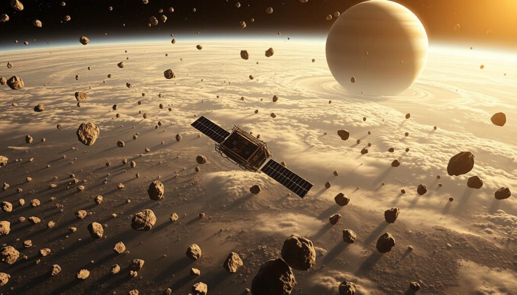 A vast expanse of the Jovian system, the Lucy spacecraft soars amidst a constellation of Trojan asteroids. In the foreground, the intrepid probe glides effortlessly, its solar panels catching the celestial light. The middle ground reveals a tapestry of diverse Trojan objects, each with its unique shape and hue, orbiting the distant gas giant. The background showcases the majestic, swirling clouds of Jupiter, its grandeur a testament to the wonders of our Solar System. The scene is bathed in a warm, golden glow, highlighting the scientific curiosity and technological prowess behind this pioneering mission to explore the primordial building blocks of our cosmos. A vast expanse of the Jovian system, the Lucy spacecraft soars amidst a constellation of Trojan asteroids. In the foreground, the intrepid probe glides effortlessly, its solar panels catching the celestial light. The middle ground reveals a tapestry of diverse Trojan objects, each with its unique shape and hue, orbiting the distant gas giant. The background showcases the majestic, swirling clouds of Jupiter, its grandeur a testament to the wonders of our Solar System. The scene is bathed in a warm, golden glow, highlighting the scientific curiosity and technological prowess behind this pioneering mission to explore the primordial building blocks of our cosmos.