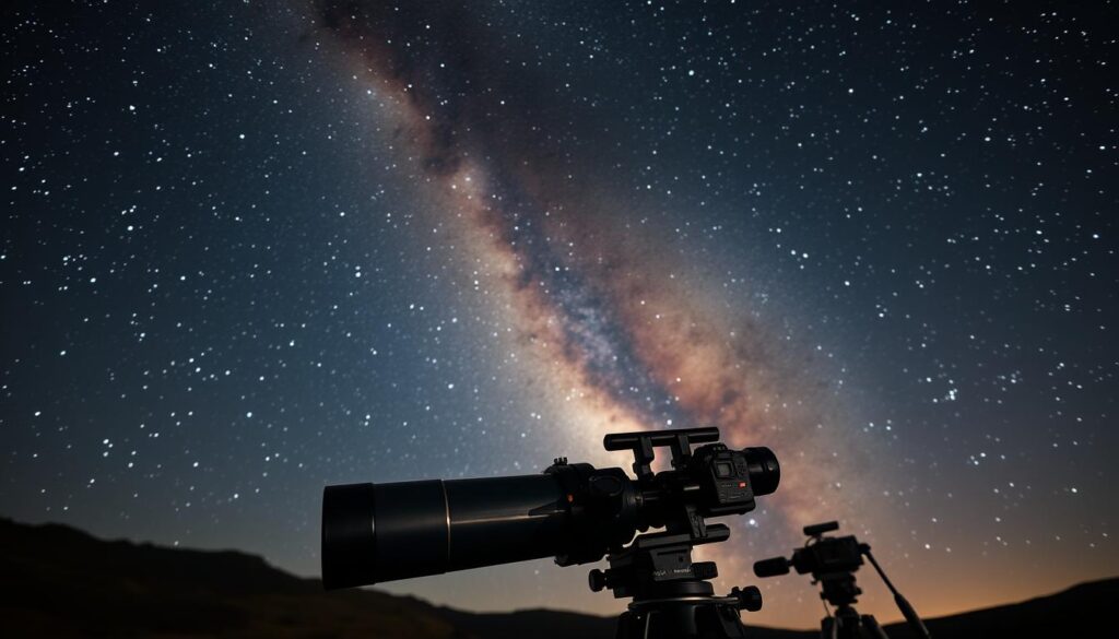 A vast, star-filled night sky in high contrast, with a detailed, well-defined Milky Way galaxy taking up the center. In the foreground, a professional-grade telescope is carefully positioned, its lens reflecting the celestial light. Surrounding the telescope, an array of cameras and other astro-imaging equipment is neatly arranged, creating a sense of precision and technical expertise. The lighting is dramatic, with soft, indirect illumination casting long shadows and emphasizing the textures of the specialized gear. The overall mood is one of dedicated focus, as if in the midst of a carefully orchestrated astrophotography session. The scene conveys the technical mastery and attention to detail required for the stacking technique to produce high-quality, low-noise images of deep-sky objects.