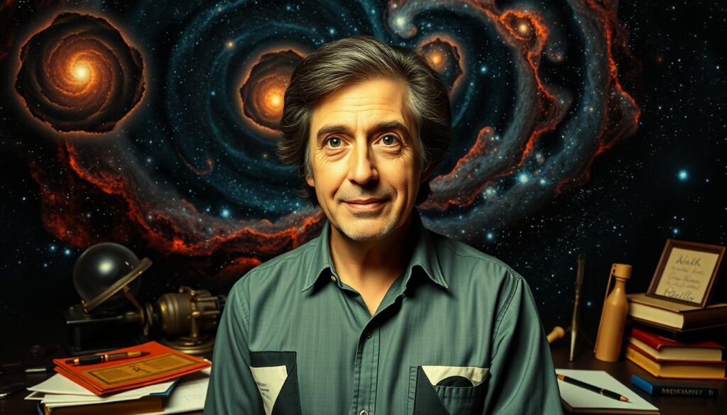 A warm, contemplative portrait of Carl Sagan, renowned astronomer and science communicator, standing before a cosmic backdrop of swirling galaxies and nebulae. Sagan's face is illuminated by a soft, diffused light, conveying his passionate enthusiasm for the wonders of the universe. The middle ground features an array of scientific instruments, books, and notes, hinting at Sagan's tireless efforts to share his knowledge and inspire scientific curiosity in the public. In the background, a starry sky stretches out, symbolizing the vastness of the cosmos that Sagan dedicated his life to exploring and understanding. The overall scene captures Sagan's role as a visionary who helped democratize astronomy and foster a deeper appreciation for the natural world. A warm, contemplative portrait of Carl Sagan, renowned astronomer and science communicator, standing before a cosmic backdrop of swirling galaxies and nebulae. Sagan's face is illuminated by a soft, diffused light, conveying his passionate enthusiasm for the wonders of the universe. The middle ground features an array of scientific instruments, books, and notes, hinting at Sagan's tireless efforts to share his knowledge and inspire scientific curiosity in the public. In the background, a starry sky stretches out, symbolizing the vastness of the cosmos that Sagan dedicated his life to exploring and understanding. The overall scene captures Sagan's role as a visionary who helped democratize astronomy and foster a deeper appreciation for the natural world.