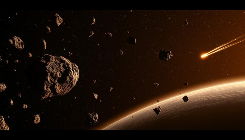 Asteroids and comets adrift in the vast expanse of space, illuminated by the warm glow of distant stars. A dramatic panoramic view, capturing the majesty and mystery of these celestial wanderers against the inky blackness of the cosmos. Sharp, detailed silhouettes of rocky asteroids and icy comet nuclei, their tails trailing ethereal plumes of gas and dust. Rendered with a cinematic lens, the scene conveys a sense of awe and wonder, inviting the viewer to contemplate the origins and dynamics of these captivating denizens of the solar system. Balanced composition, atmospheric lighting, and a keen attention to scale and depth create a striking visual representation of the "Asteroids, Comets & Belts" section of the article. Asteroids and comets adrift in the vast expanse of space, illuminated by the warm glow of distant stars. A dramatic panoramic view, capturing the majesty and mystery of these celestial wanderers against the inky blackness of the cosmos. Sharp, detailed silhouettes of rocky asteroids and icy comet nuclei, their tails trailing ethereal plumes of gas and dust. Rendered with a cinematic lens, the scene conveys a sense of awe and wonder, inviting the viewer to contemplate the origins and dynamics of these captivating denizens of the solar system. Balanced composition, atmospheric lighting, and a keen attention to scale and depth create a striking visual representation of the "Asteroids, Comets & Belts" section of the article.