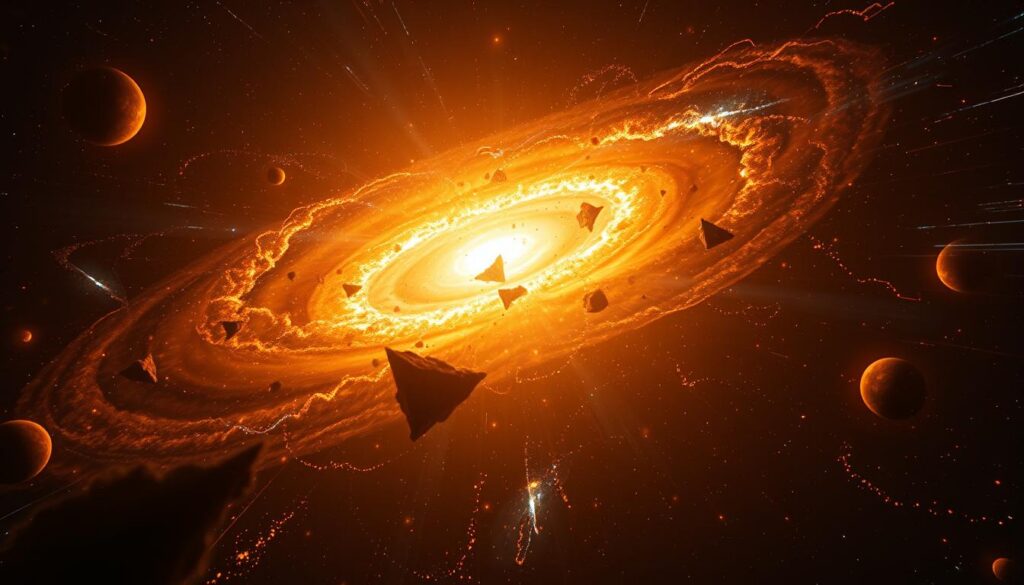 Cosmic Evolution and the Big Bang: a vast, awe-inspiring scene of the early universe, rendered in hyper-realistic detail. A glowing, swirling mass of primordial gases and energy, suspended in a void of infinite darkness. Pockets of intense light and plasma, slowly coalescing into the first proto-galaxies. Tendrils of matter stretch across the frame, hinting at the complex structures to come. The composition is balanced, with a sense of depth and scale that conveys the immensity of the event. Subtle lighting from multiple angles highlights the textures and dynamics of this cataclysmic moment, just after the birth of our universe. The overall tone is one of awe and wonder, inviting the viewer to contemplate the immutable forces that govern the cosmos. Cosmic Evolution and the Big Bang: a vast, awe-inspiring scene of the early universe, rendered in hyper-realistic detail. A glowing, swirling mass of primordial gases and energy, suspended in a void of infinite darkness. Pockets of intense light and plasma, slowly coalescing into the first proto-galaxies. Tendrils of matter stretch across the frame, hinting at the complex structures to come. The composition is balanced, with a sense of depth and scale that conveys the immensity of the event. Subtle lighting from multiple angles highlights the textures and dynamics of this cataclysmic moment, just after the birth of our universe. The overall tone is one of awe and wonder, inviting the viewer to contemplate the immutable forces that govern the cosmos.