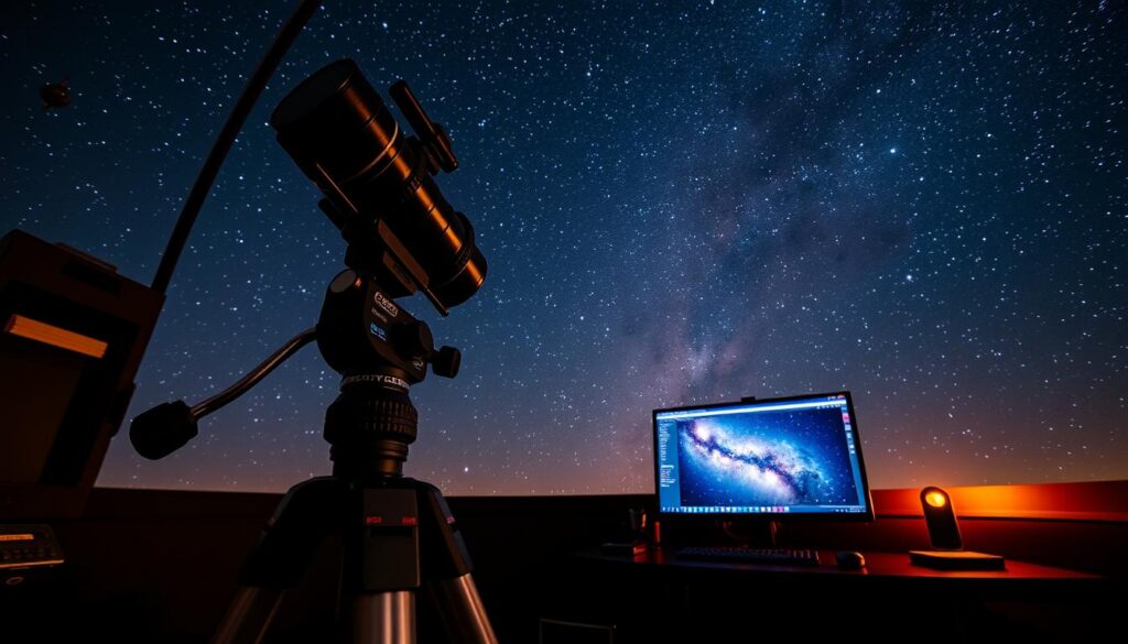Elegant observatory under a starry night sky, with a professional-grade astronomical camera mounted on a sturdy tripod. The foreground features a variety of advanced image processing tools, including histograms, color curves, and noise reduction filters. The middle ground showcases a computer monitor displaying real-time astrophotography data and analysis software. In the background, a stunning celestial landscape with nebulae, star clusters, and distant galaxies, captured with long exposure techniques and high-resolution optics. Warm lighting illuminates the scene, creating a serene and contemplative atmosphere for the discerning astrophotographer. Elegant observatory under a starry night sky, with a professional-grade astronomical camera mounted on a sturdy tripod. The foreground features a variety of advanced image processing tools, including histograms, color curves, and noise reduction filters. The middle ground showcases a computer monitor displaying real-time astrophotography data and analysis software. In the background, a stunning celestial landscape with nebulae, star clusters, and distant galaxies, captured with long exposure techniques and high-resolution optics. Warm lighting illuminates the scene, creating a serene and contemplative atmosphere for the discerning astrophotographer.