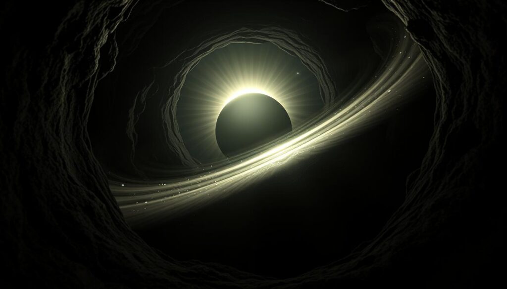 Horizonte de eventos de um buraco negro, um portal para o desconhecido. Em primeiro plano, uma esfera escura, seus contornos distorcidos pela gravidade extrema. Radiação cósmica irradia em torno dela, uma dança de luz e sombra. Atrás, uma nuvem de gás e poeira cósmica, iluminada por um anel de luz branca, o disco de acreção. No fundo, o espaço sideral, um manto de estrelas distantes, testemunhas silenciosas desta região além dos limites do conhecimento. Uma cena de mistério e poder, onde os limites da física moderna se dissolvem na singularidade gravitacional.