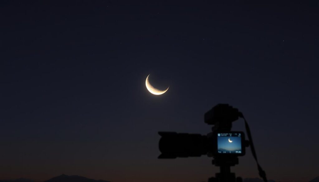 Phases of the Moon for Astrophotography: A Detailed Celestial Landscape A clear night sky with a crescent Moon rising, casting a soft, atmospheric glow. The Moon's phases are meticulously depicted, showcasing the waxing and waning of its luminous form. In the foreground, a tripod-mounted camera captures the scene, its lens carefully positioned to frame the lunar phases. The background features a starry expanse, with the faint silhouettes of distant mountains adding depth and scale. Warm, muted tones create a serene, contemplative mood, perfectly suited for astrophotographic planning and exploration.