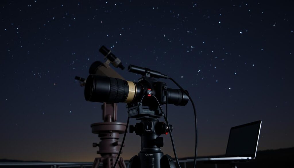 Telescopic astrophotography setup: a professional-grade observatory with a large, high-resolution telescope mounted on a sturdy equatorial mount, its lens carefully calibrated and aligned. In the foreground, a DSLR camera is securely attached to the telescope, its long lens poised to capture the majesty of the night sky. Intricate cabling connects the camera to a laptop, enabling precise control and image processing. The entire setup is situated in a dark, isolated location, minimizing light pollution and allowing the camera to collect the faint celestial bodies. An atmospheric haze adds depth and mystique, as the stars twinkle brightly against the inky black canvas of the cosmos.