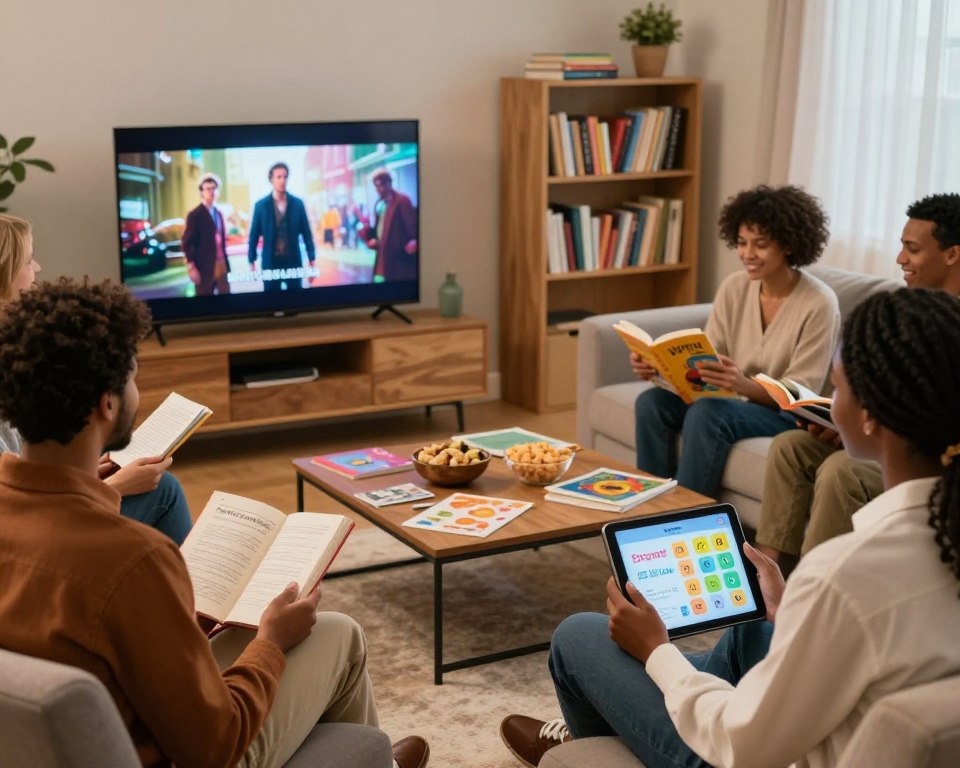 A cozy and inviting room filled with elements of English immersion through entertainment. In the foreground, a diverse group of individuals, all dressed in smart casual attire, are engaged with various forms of media: one person is watching an English movie on a large screen, another is reading an English book, while a third is playing an interactive language game on a tablet. The middle ground features a coffee table with snacks and language learning materials scattered around. In the background, a bookshelf is filled with English novels and educational resources, while soft, warm lighting creates a relaxing atmosphere. The scene conveys a sense of joy and concentration, showcasing the blend of learning and fun in daily life.