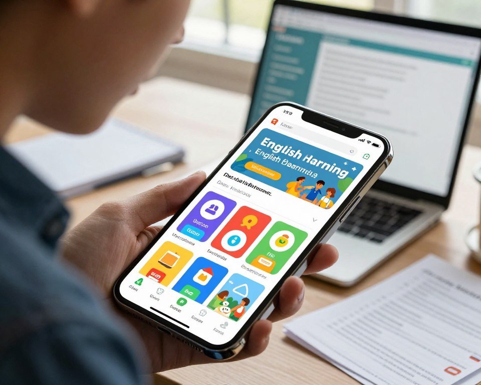 A modern smartphone displaying a vibrant collage of English learning apps on its home screen, set against a sleek, contemporary workspace. In the foreground, a close-up view of the phone with colorful app icons including vocabulary builders, grammar checkers, and interactive language games. In the middle ground, a person in smart casual attire, engaged in focused study, their expression showing determination. The background features an open laptop with educational materials and notes scattered around, bathed in natural light filtering through a nearby window, creating an inviting and inspirational atmosphere. Emphasize clarity, warmth, and a sense of progress in the learning journey, captured from a slight overhead angle for depth.
