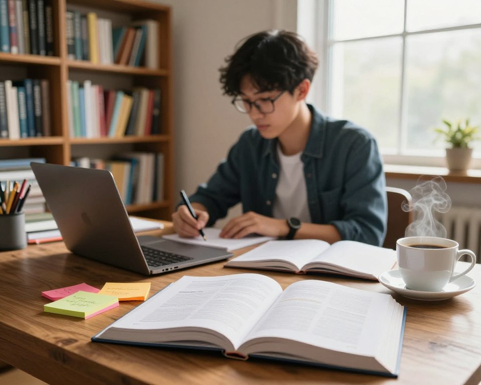 A serene and inviting study room filled with resources for learning English. In the foreground, an open textbook lays on a wooden desk, surrounded by a colorful array of sticky notes, a sleek laptop, and a steaming cup of coffee. In the middle, a focused student sits at the desk, dressed in smart casual attire, taking notes, with a look of determination on their face. In the background, a bookshelf brimming with English language books and grammar guides, along with a large window allowing warm, natural light to flood the room, creating a cozy atmosphere. The scene conveys a sense of motivation and earnestness in mastering English, highlighting a productive study environment.