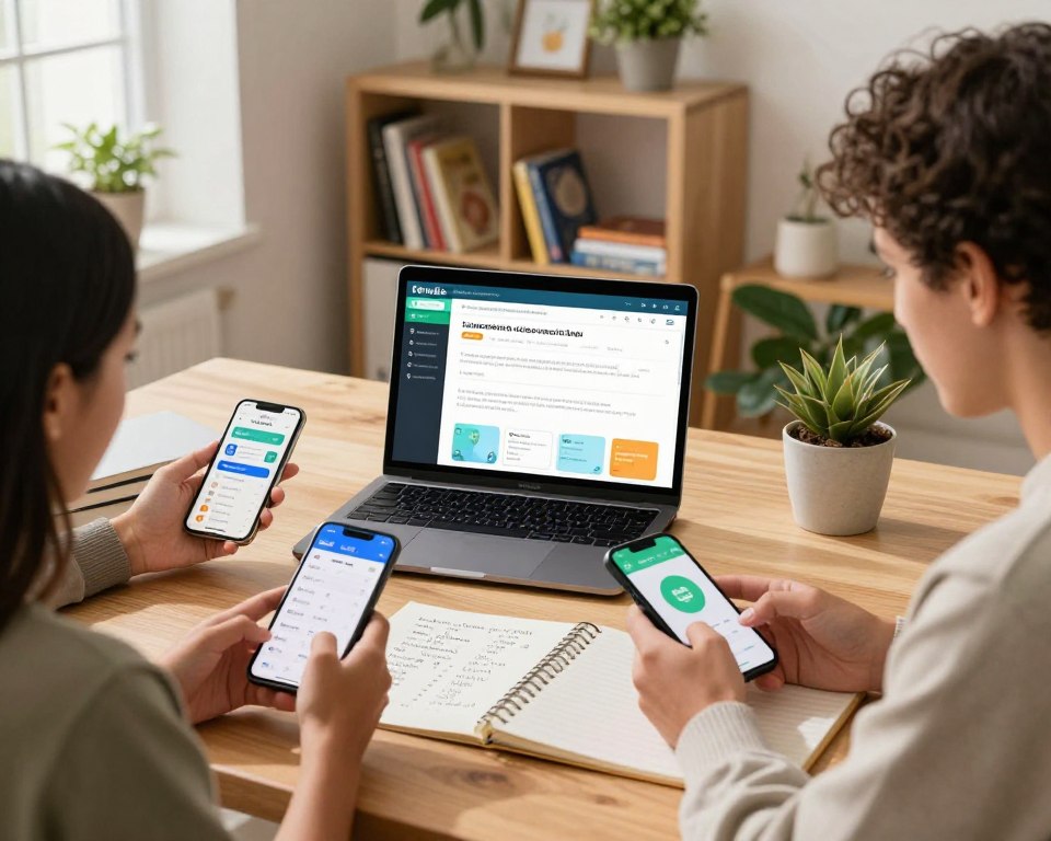 A vibrant and engaging scene in a cozy modern workspace, featuring a diverse group of three individuals, two women and one man, collaborating on language learning through mobile apps and an open laptop. The foreground shows their hands interacting with smartphones and a notebook filled with English vocabulary. In the middle ground, the laptop screen displays a language learning app, showcasing colorful graphics and interactive exercises. The background features a shelf filled with English language books and plants that create a warm atmosphere. Soft, natural lighting filters through a nearby window, casting gentle shadows. The mood is focused yet inspiring, highlighting teamwork and the effective combination of technology and real-world practice to enhance English learning.
