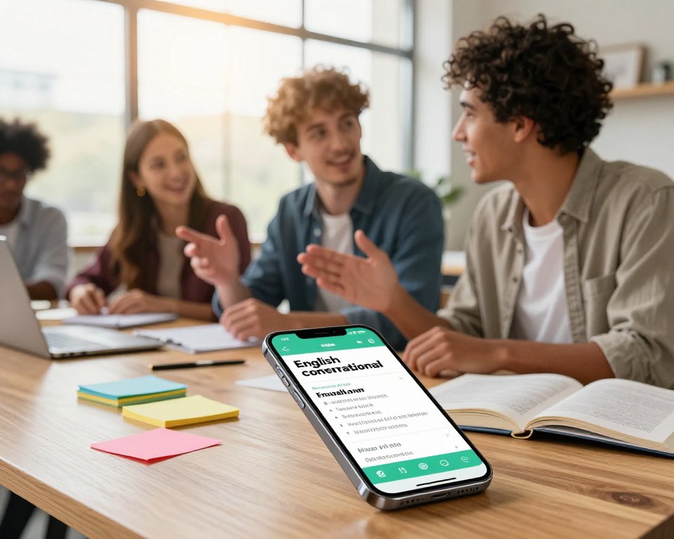 A vibrant, modern workspace featuring a sleek iPhone on a wooden desk displaying an English language app focused on pronunciation and conversation. In the foreground, there’s a diverse group of two professionals, one male and one female, engaged in an animated discussion about language learning strategies. They are dressed in smart casual attire, exuding confidence and enthusiasm. The middle layer shows colorful notes and a language book beside the phone, symbolizing study materials. In the background, a large window lets in warm, natural light, creating a welcoming atmosphere. The scene conveys a sense of motivation and focus on language mastery, perfect for illustrating a section on improving English conversational skills.